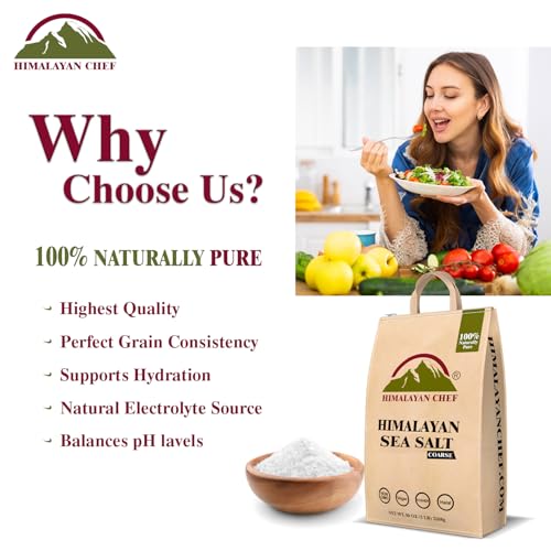 Himalayan Chef Pink Himalayan Salt Coarse Grain, 5 lbs Plastic Jar - Pure, Natural, Kosher, Mineral-Rich, Ideal for Grinder Refills, Cooking, Seasoning