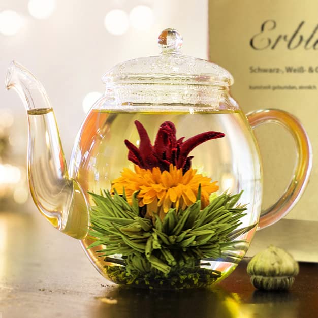 Creano Blooming Tea Gift Set with Glass Teapot 17oz (500ml) - Green Tea Fruity Flavoured Tea Flowers in 6 Varieties - Flowering Tea Gift for Easter