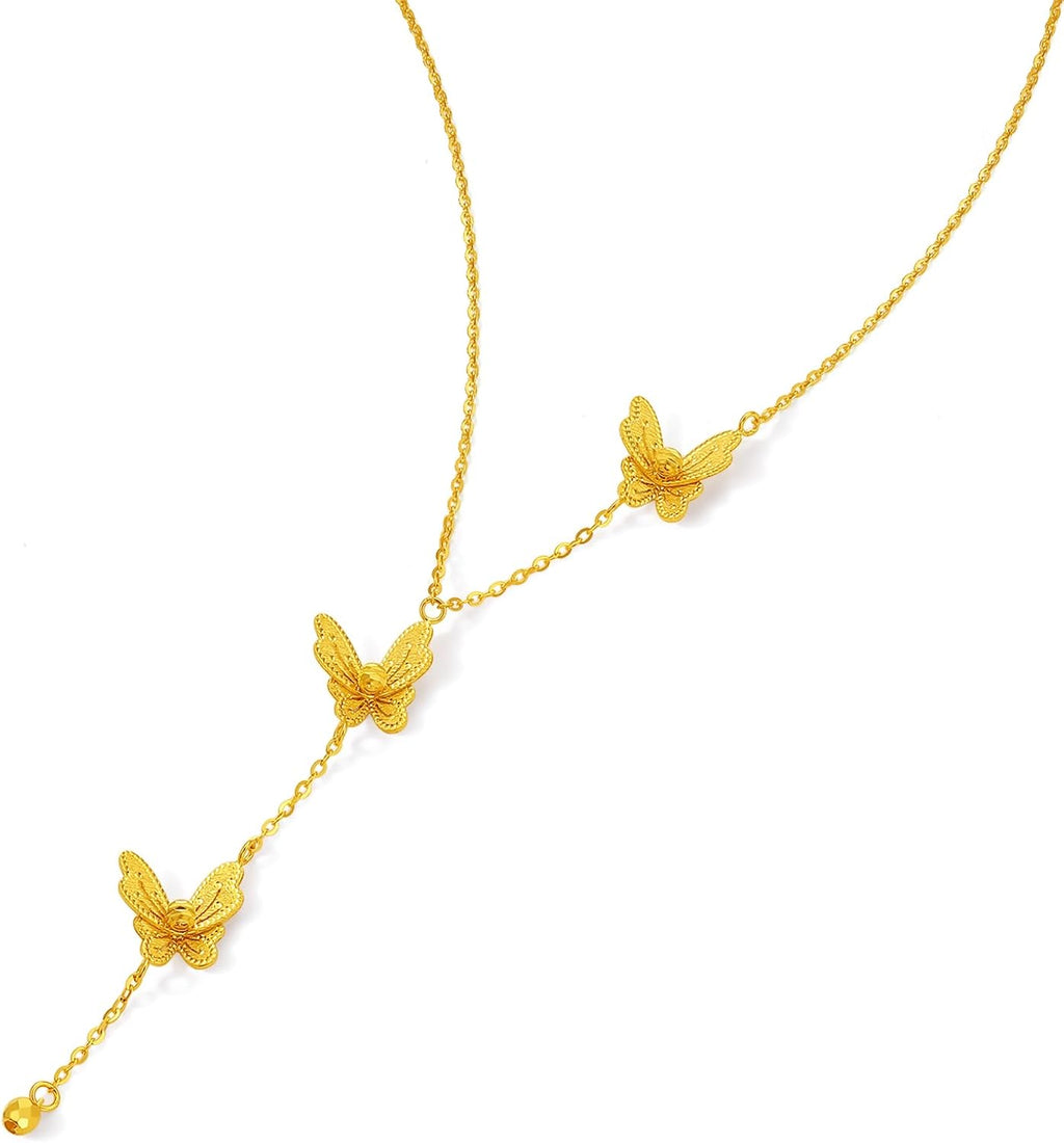 ZHOU LIU FU 18K Yellow Gold Y Shape Pendant Necklaces Butterfly Necklace Gold Pendants Three Butterflys Pendant Lively Jewelry for Women Her Gifts Birthday Anniversary 40+5cm/15.7-17.7" C0616296