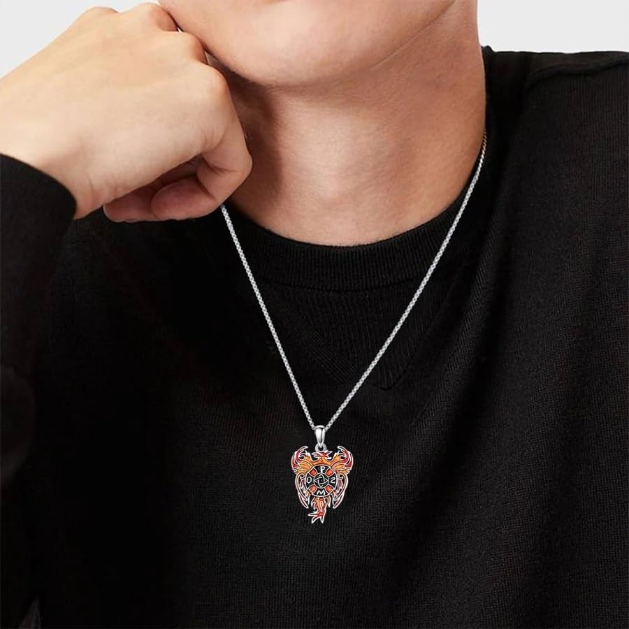 PELOVNY Phoenix Necklace 925 Sterling Silver Shield/Sword/Crystal/Tarot Card/Dog Tag/Cross/Abalone/Axe Pendant Rising Bird Jewelry for Anniversary Birthday Christmas Gifts Men Women