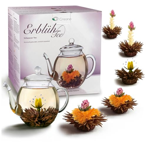Creano Blooming Tea Gift Set with Glass Teapot 17oz (500ml) - Green Tea Fruity Flavoured Tea Flowers in 6 Varieties - Flowering Tea Gift for Easter