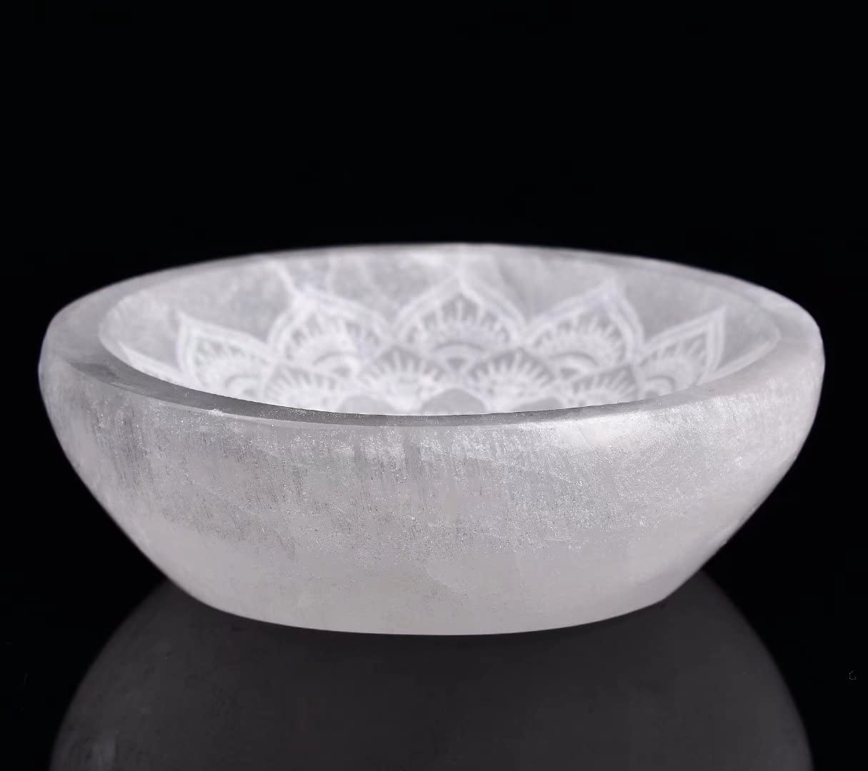 AMOYSTONE Natural Selenite Charging Bowl with Mandala Engraving 3.5-4'' Energy Cleansing Crystal Plate for Healing Meditation and Spiritual Home Decor
