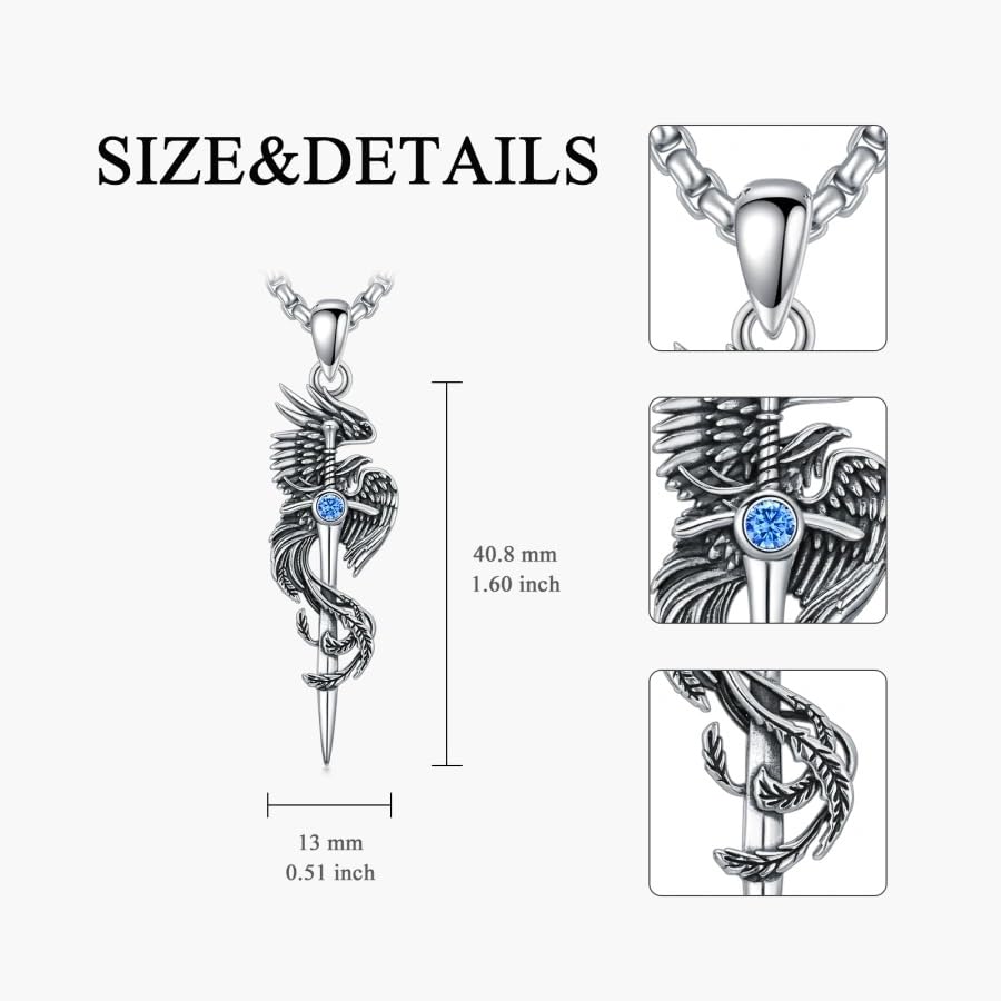 PELOVNY Phoenix Necklace 925 Sterling Silver Shield/Sword/Crystal/Tarot Card/Dog Tag/Cross/Abalone/Axe Pendant Rising Bird Jewelry for Anniversary Birthday Christmas Gifts Men Women