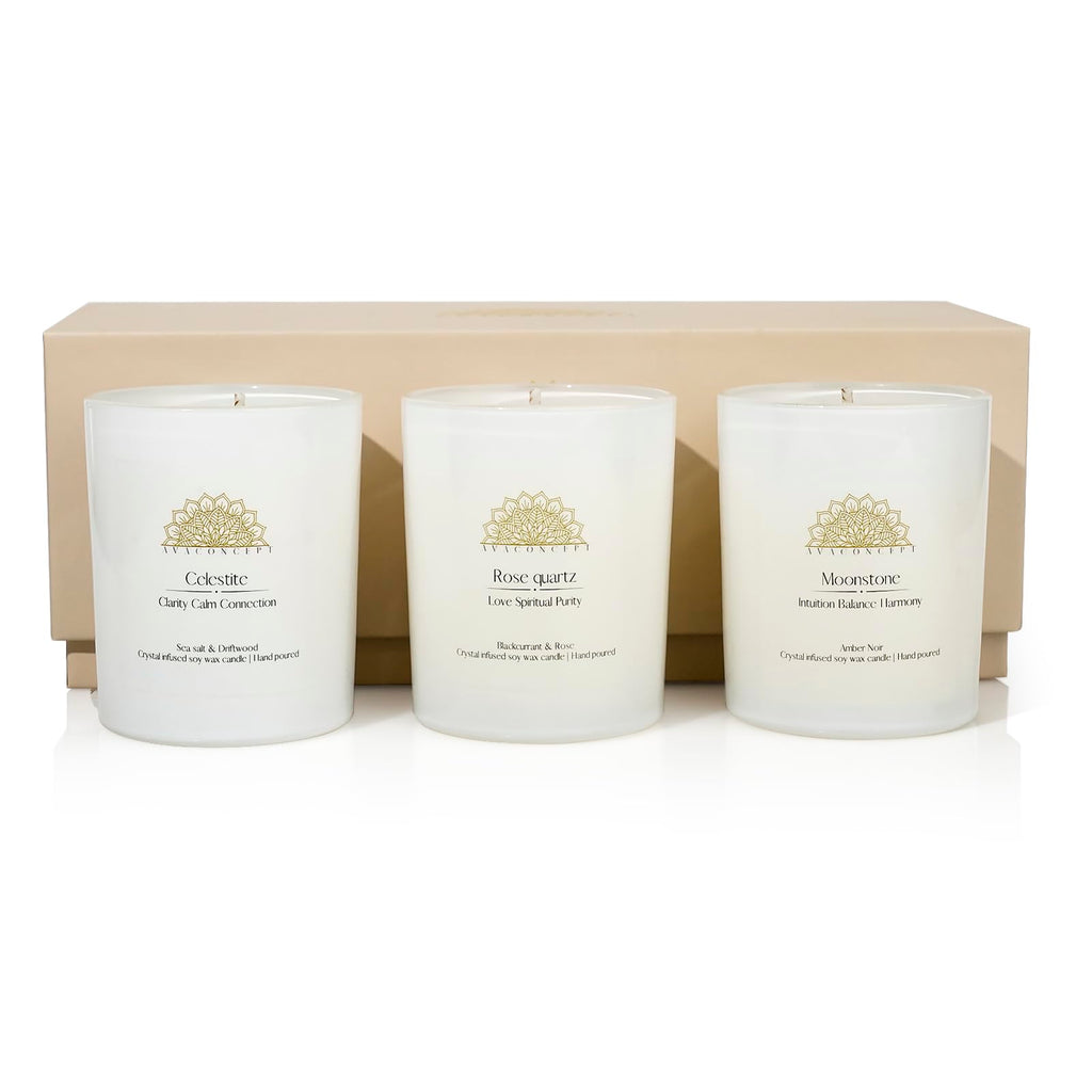 AVACONCEPT Crystal Infused Soy Wax Candle Gift Set Aromatherapy Scented Candles with Healing Crystals Natural Hand-Poured Luxury for Relaxation & Home Décor (Sunstone & Amethyst & Amazonite)