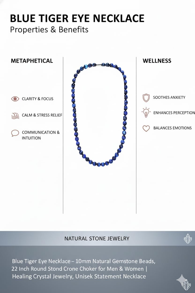 Blue Tiger Eye Necklace – 10mm Natural Gemstone Beads | 22 Inch Handmade Round Stone Choker for Men & Women | Healing Crystal Jewelry, Energy Protection, Festive Gift & Unisex Statement Necklace