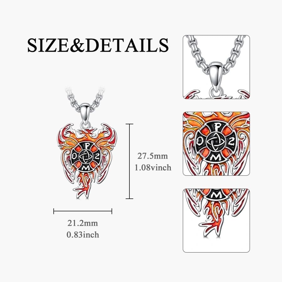 PELOVNY Phoenix Necklace 925 Sterling Silver Shield/Sword/Crystal/Tarot Card/Dog Tag/Cross/Abalone/Axe Pendant Rising Bird Jewelry for Anniversary Birthday Christmas Gifts Men Women