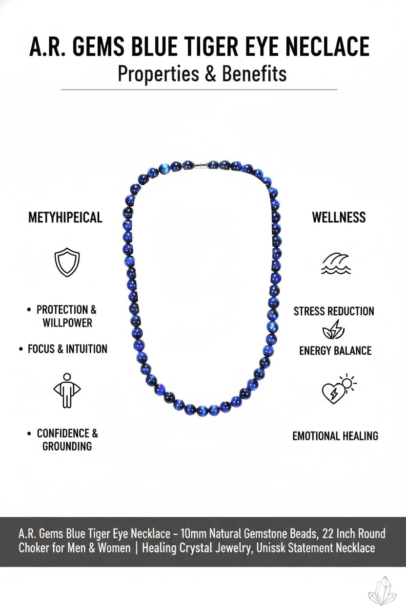 Blue Tiger Eye Necklace – 10mm Natural Gemstone Beads | 22 Inch Handmade Round Stone Choker for Men & Women | Healing Crystal Jewelry, Energy Protection, Festive Gift & Unisex Statement Necklace