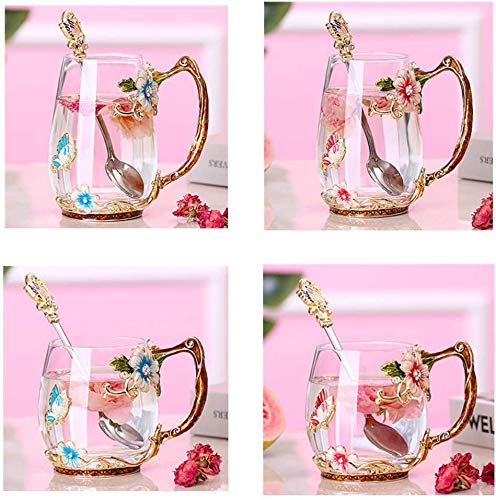 Luka Tech Enamel flower Lead-free Glass Coffee Mugs Tea Cup with Steel Spoon, Best Birthday Gifts For Women Wife Mom Friends Mothers Valentines Day Christmas (Purple-Tall)