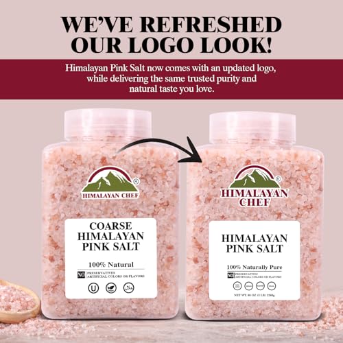 Himalayan Chef Pink Himalayan Salt Coarse Grain, 5 lbs Plastic Jar - Pure, Natural, Kosher, Mineral-Rich, Ideal for Grinder Refills, Cooking, Seasoning