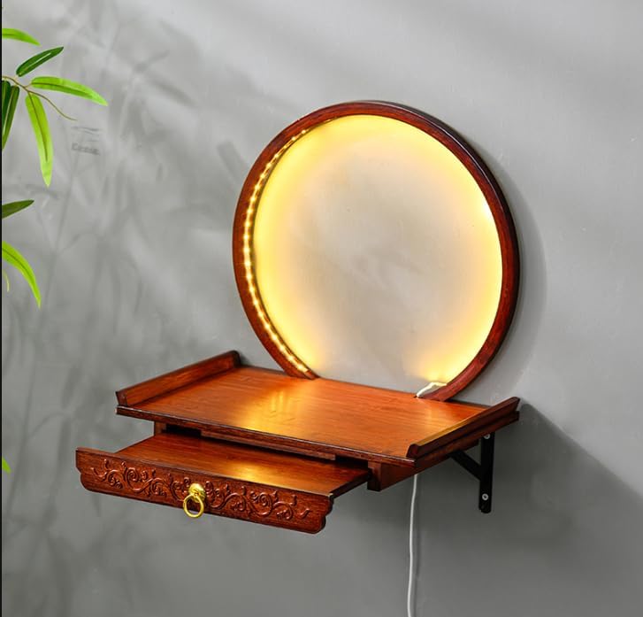 Wall-Mounted Buddha Statue Stand with LED, Small Buddhist Shrine Altar Table, Retractable Bamboo Prayer Offering Table for Living Room (Rosewood Color, 60cm/23.6in)