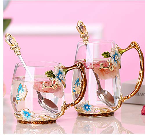 Luka Tech Enamel flower Lead-free Glass Coffee Mugs Tea Cup with Steel Spoon, Best Birthday Gifts For Women Wife Mom Friends Mothers Valentines Day Christmas (Purple-Tall)