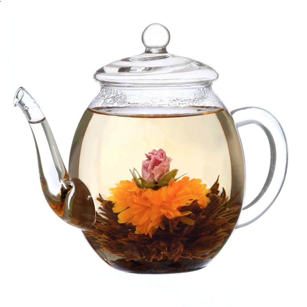 Creano Blooming Tea Gift Set with Glass Teapot 17oz (500ml) - Green Tea Fruity Flavoured Tea Flowers in 6 Varieties - Flowering Tea Gift for Easter