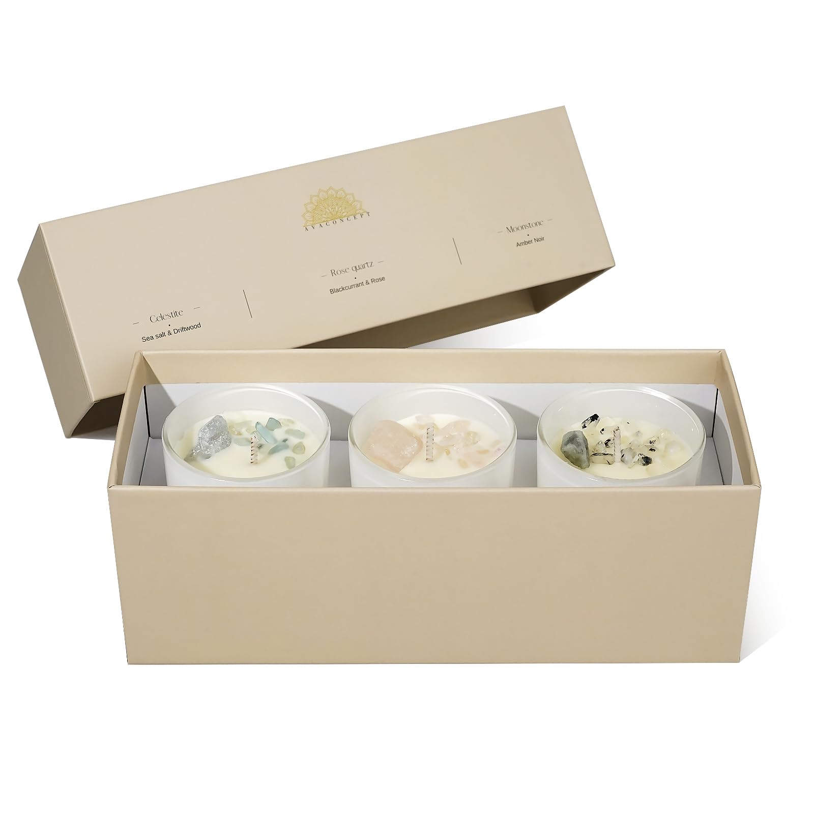 AVACONCEPT Crystal Infused Soy Wax Candle Gift Set Aromatherapy Scented Candles with Healing Crystals Natural Hand-Poured Luxury for Relaxation & Home Décor (Sunstone & Amethyst & Amazonite)