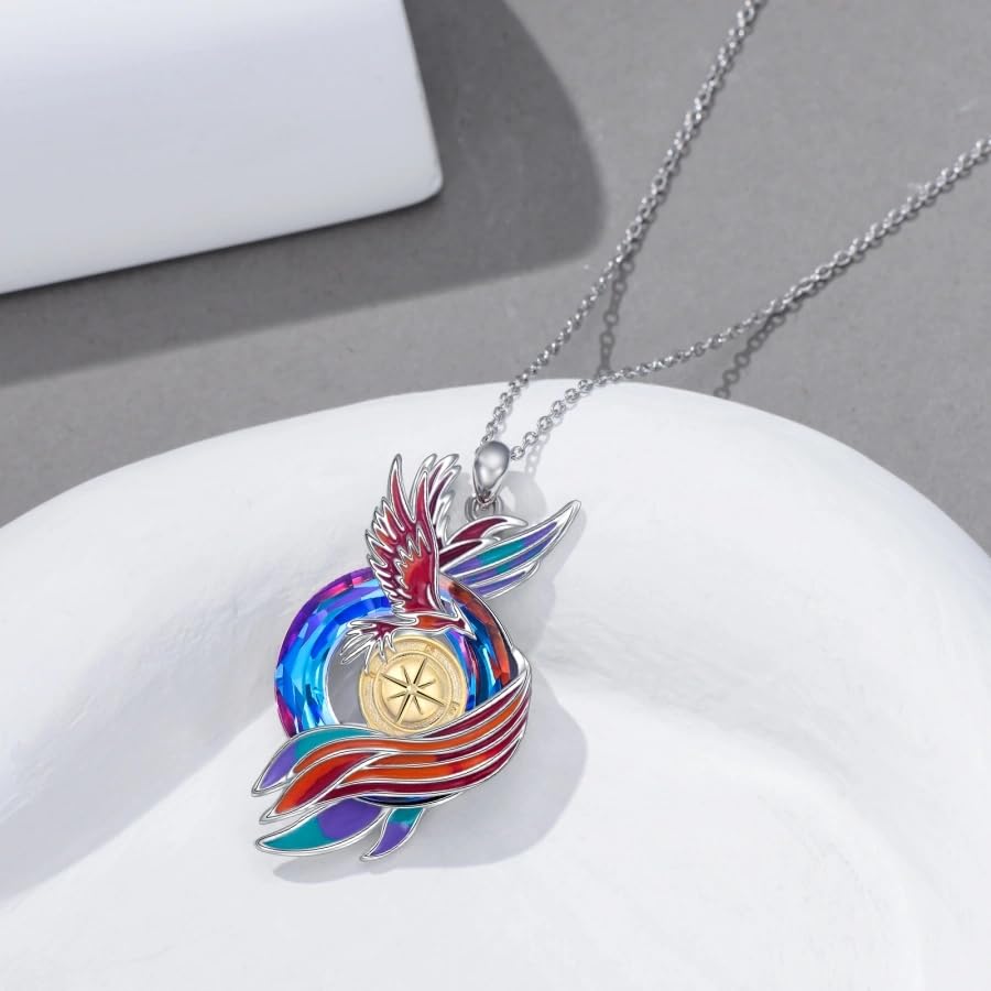 PELOVNY Phoenix Necklace 925 Sterling Silver Shield/Sword/Crystal/Tarot Card/Dog Tag/Cross/Abalone/Axe Pendant Rising Bird Jewelry for Anniversary Birthday Christmas Gifts Men Women