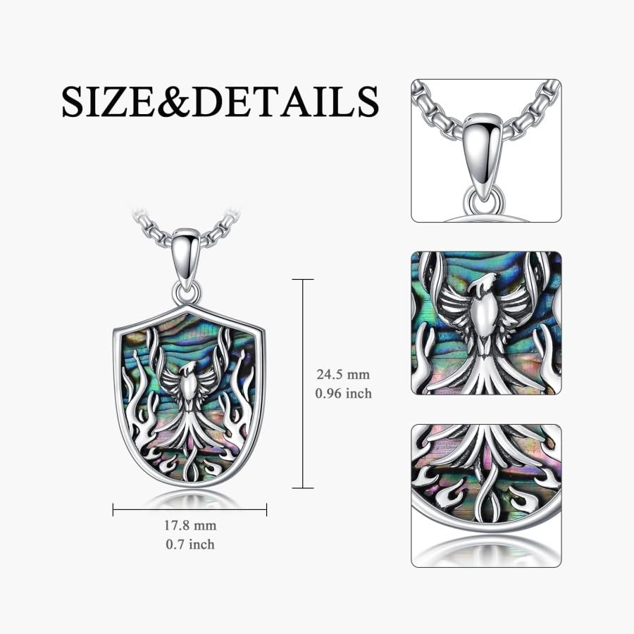 PELOVNY Phoenix Necklace 925 Sterling Silver Shield/Sword/Crystal/Tarot Card/Dog Tag/Cross/Abalone/Axe Pendant Rising Bird Jewelry for Anniversary Birthday Christmas Gifts Men Women