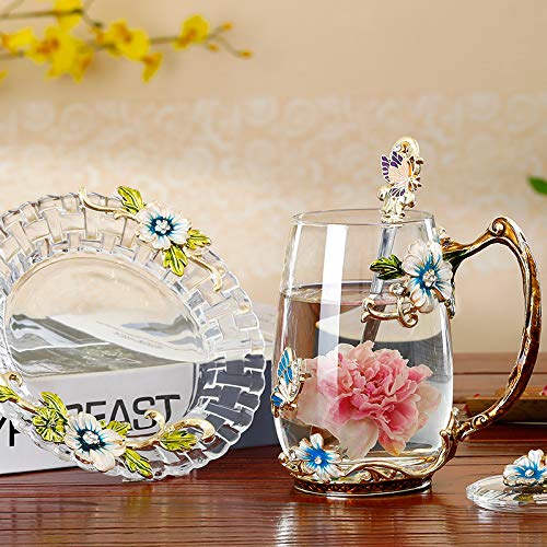 Luka Tech Enamel flower Lead-free Glass Coffee Mugs Tea Cup with Steel Spoon, Best Birthday Gifts For Women Wife Mom Friends Mothers Valentines Day Christmas (Purple-Tall)