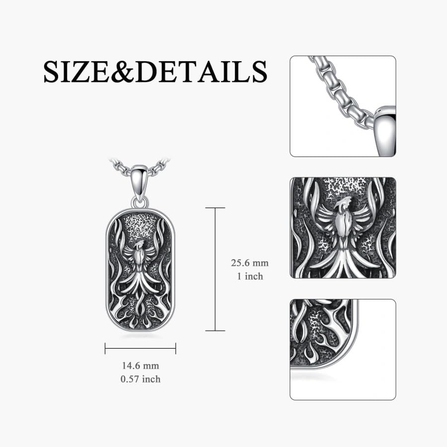 PELOVNY Phoenix Necklace 925 Sterling Silver Shield/Sword/Crystal/Tarot Card/Dog Tag/Cross/Abalone/Axe Pendant Rising Bird Jewelry for Anniversary Birthday Christmas Gifts Men Women