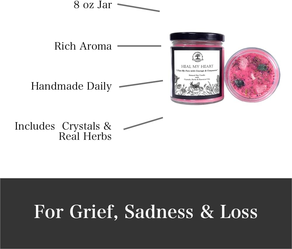 Heal My Heart Soy Affirmation Candle | 9 oz with Rose Quartz & Seraphinite Crystals, Herbs and Essential Oils | Sadness, Loss & Heartache | Wiccan, Pagan, Magick, Spirituality