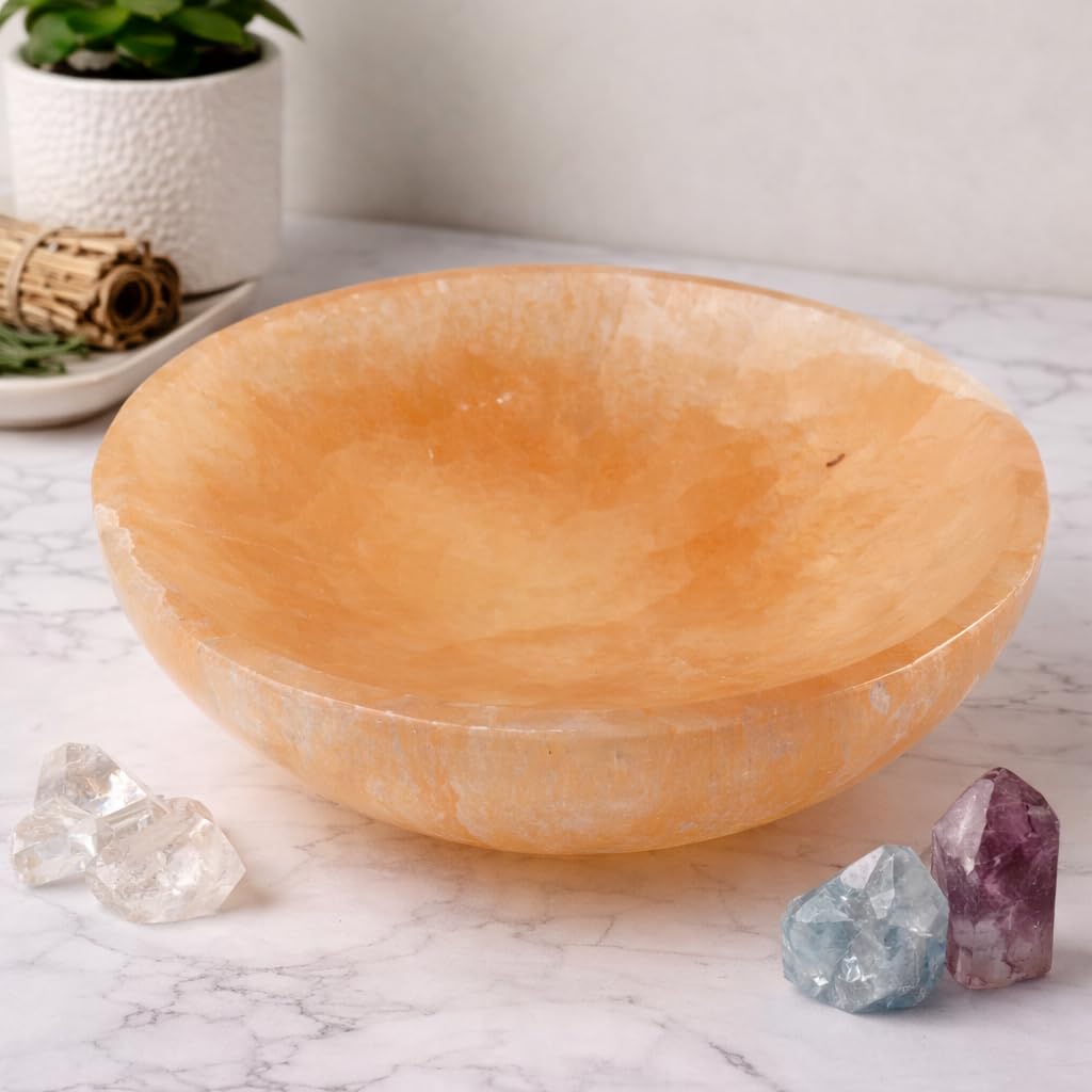 Soul Sticks Selenite Crystal Bowls for Smudging, Healing, Recharging Crystals | Pure Selenite Smudge Bowl & Crystal Charging Station Ethically Sourced in Morocco, Orange (4 Inch)
