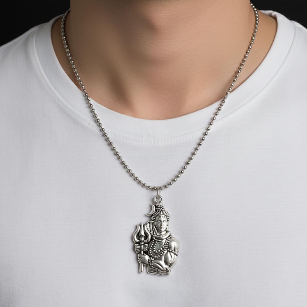 Stainless Steel Shiva's Trishul Damaru Pendant with Chain for Men, Anti-Tarnish Mahadev Mahakal Bholenath Necklace for Men & Women - Oxidized Silver Finish