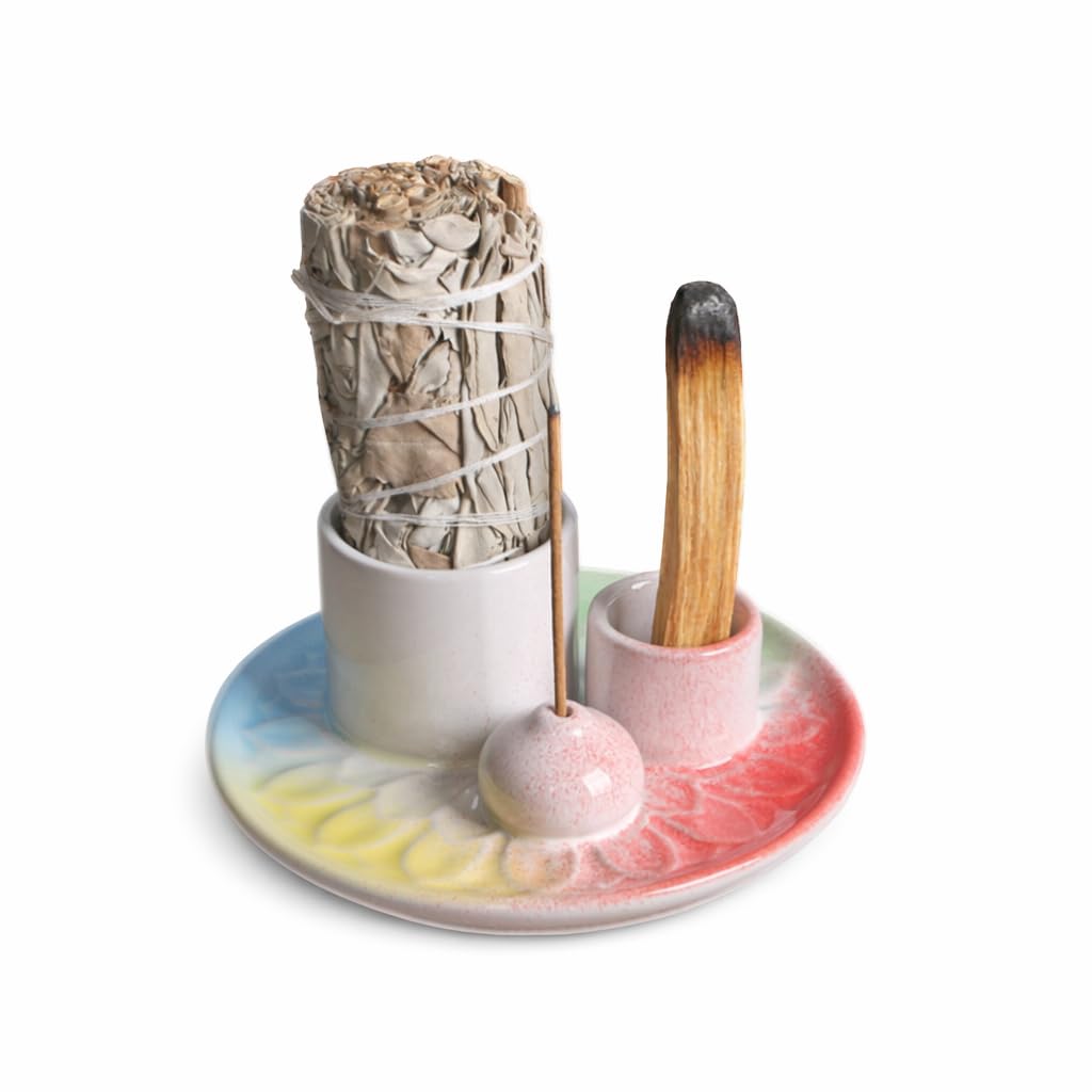 Handmade Ceramic Incense Burner for Palo Santo Incense Sticks, 4 in 1 Multi-Purpose Sage Holder for Burning, Ash Catcher Tray for Meditation Yoga Room (Golden)