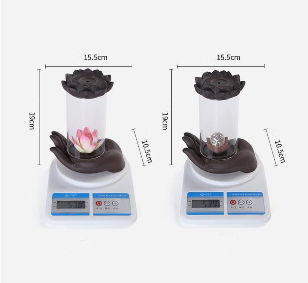 Purple Sand Smoke Waterfall Backflow Incense Burner Creative Windshield Buddha Hand Lotus LED Lamp Aroma Censer Holder for Home Yoga Room Decoration (LED)