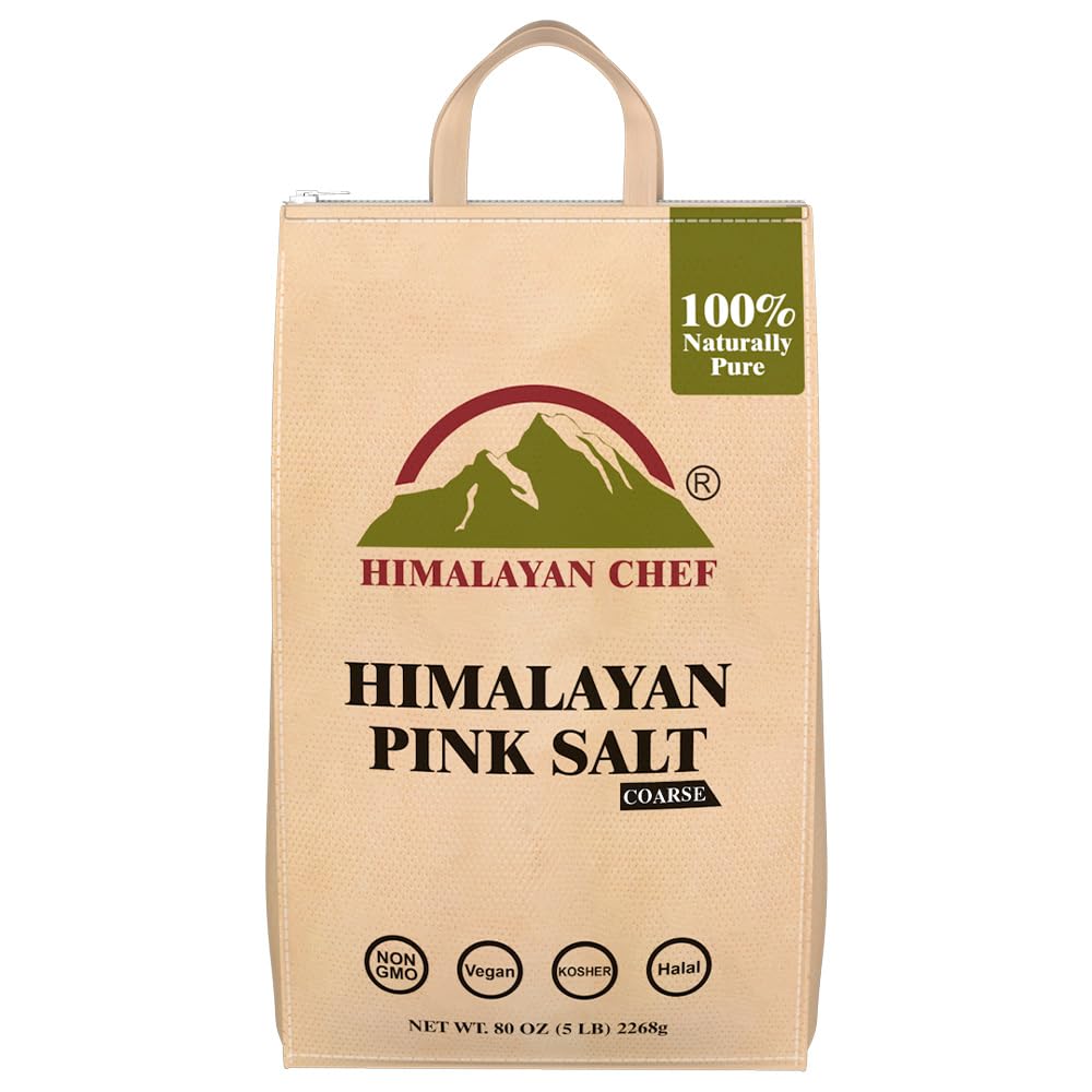 Himalayan Chef Pink Himalayan Salt Coarse Grain, 5 lbs Plastic Jar - Pure, Natural, Kosher, Mineral-Rich, Ideal for Grinder Refills, Cooking, Seasoning