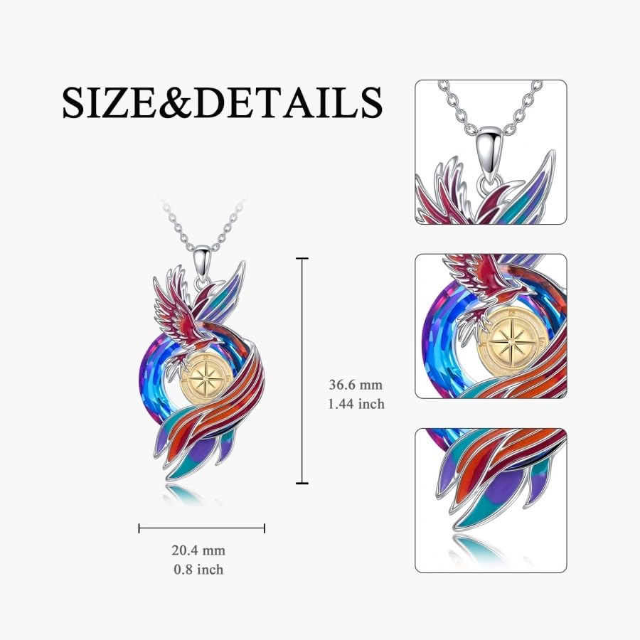 PELOVNY Phoenix Necklace 925 Sterling Silver Shield/Sword/Crystal/Tarot Card/Dog Tag/Cross/Abalone/Axe Pendant Rising Bird Jewelry for Anniversary Birthday Christmas Gifts Men Women