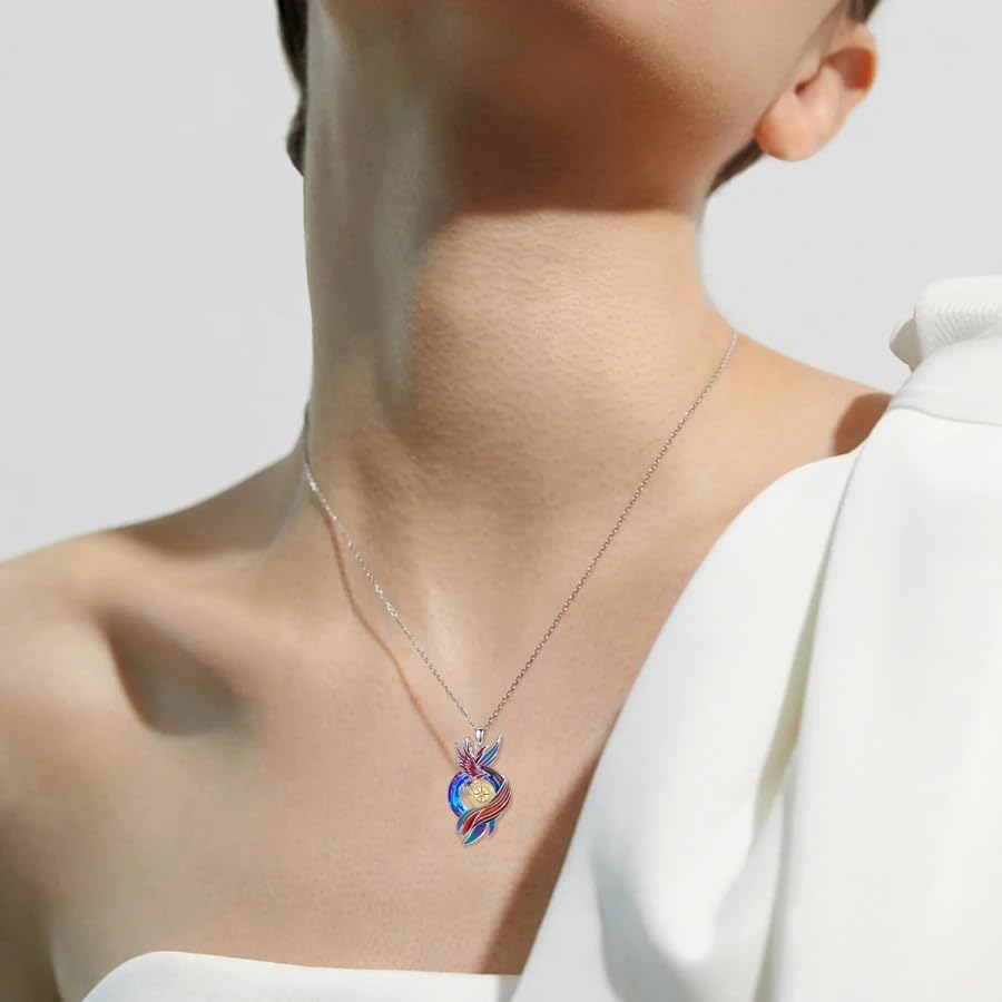 PELOVNY Phoenix Necklace 925 Sterling Silver Shield/Sword/Crystal/Tarot Card/Dog Tag/Cross/Abalone/Axe Pendant Rising Bird Jewelry for Anniversary Birthday Christmas Gifts Men Women