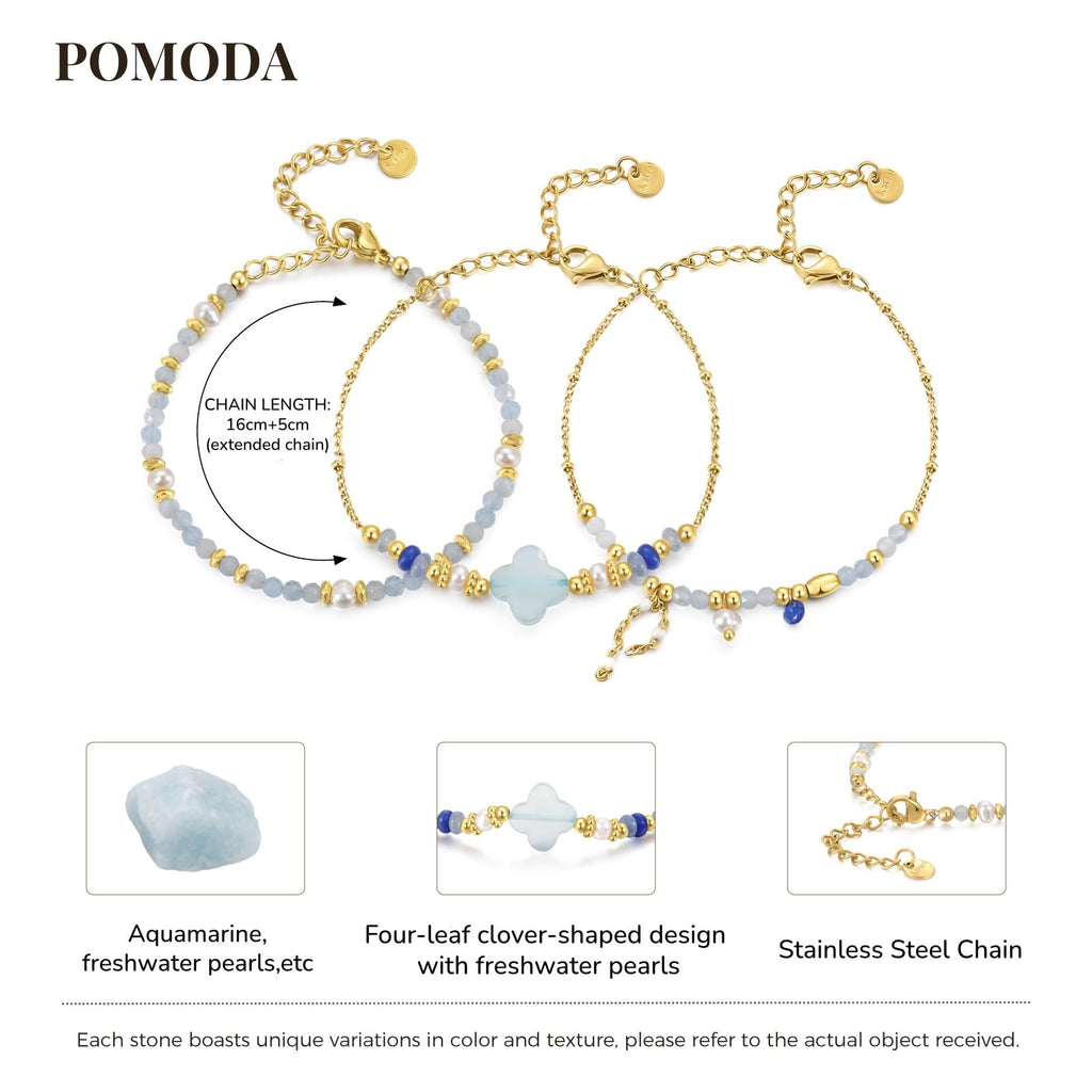 Beaded Bracelets Set for Women Stackable Healing Layered Bracelets Stack 3PCS Aquamarine Gemstone Crystal Dainty Boho Summer Jewelry for Women Natural Stone 14k Gold Plated