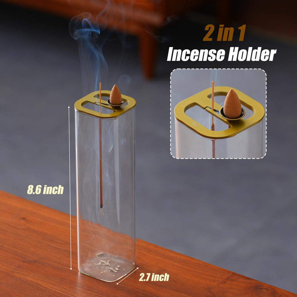 Ceremony Incense Holder, Wooden Incense Holder for Sticks with Glass Ash Catcher, Anti-ash Incense Burner with 20 Incense Sticks and a Ash Brush for Meditation Yoga Spa Room Decor