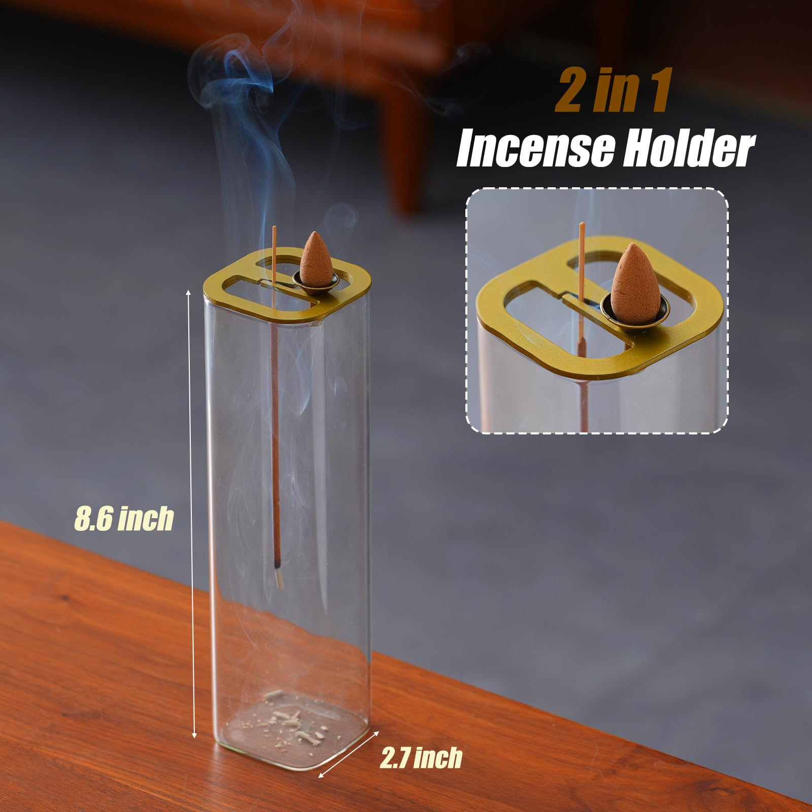 Ceremony Incense Holder, Wooden Incense Holder for Sticks with Glass Ash Catcher, Anti-ash Incense Burner with 20 Incense Sticks and a Ash Brush for Meditation Yoga Spa Room Decor