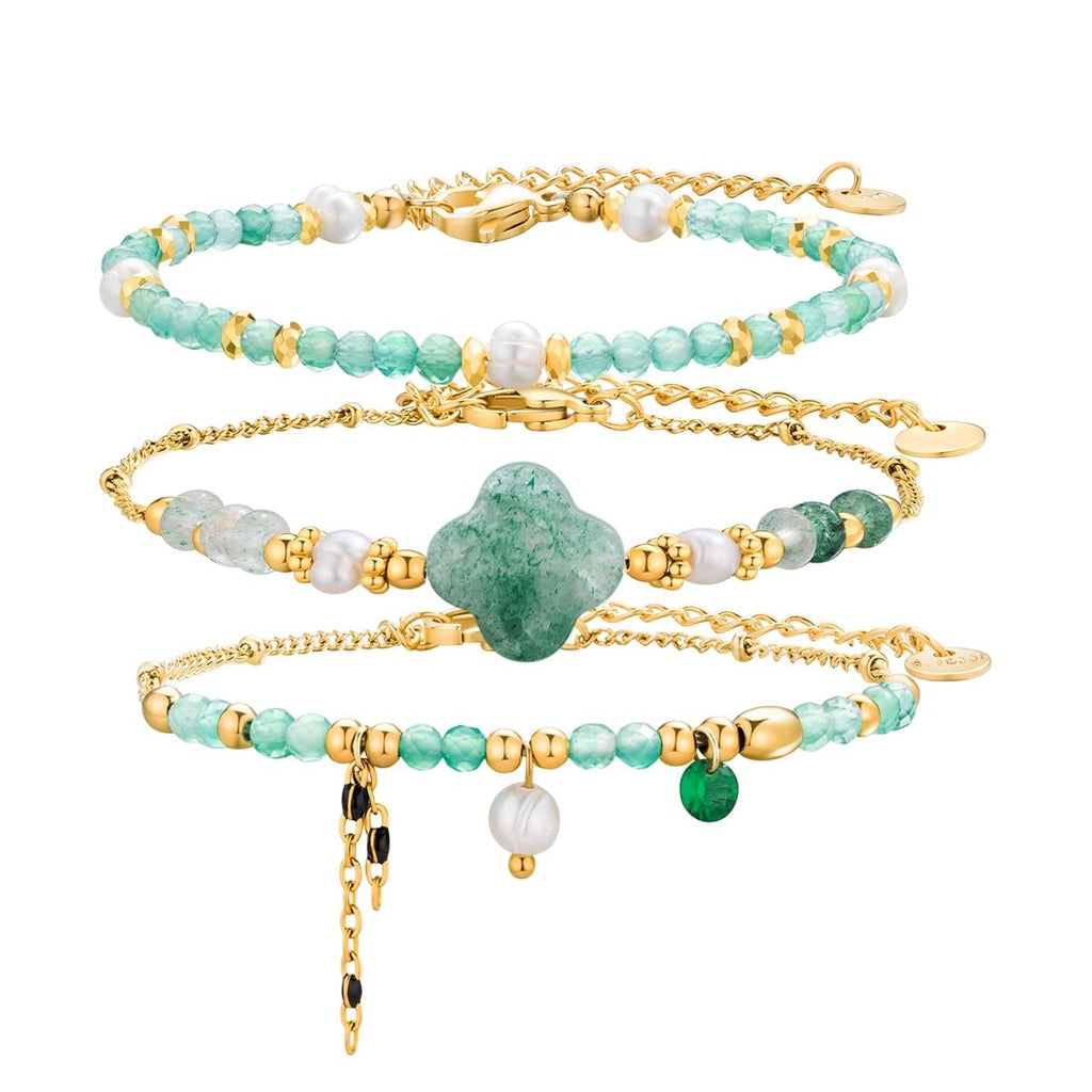 Beaded Bracelets Set for Women Stackable Healing Layered Bracelets Stack 3PCS Aquamarine Gemstone Crystal Dainty Boho Summer Jewelry for Women Natural Stone 14k Gold Plated