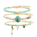 Beaded Bracelets Set for Women Stackable Healing Layered Bracelets Stack 3PCS Aquamarine Gemstone Crystal Dainty Boho Summer Jewelry for Women Natural Stone 14k Gold Plated