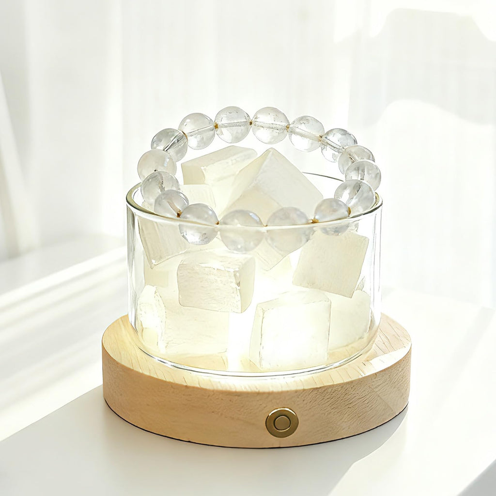 Selenite Crystal Lamp with Wooden Base Selenite Crystals Gift for Women Healing Birthday Meditation Yoga Spiritual Chakra Reiki Energy Cleansing Night Light Home Office Decor