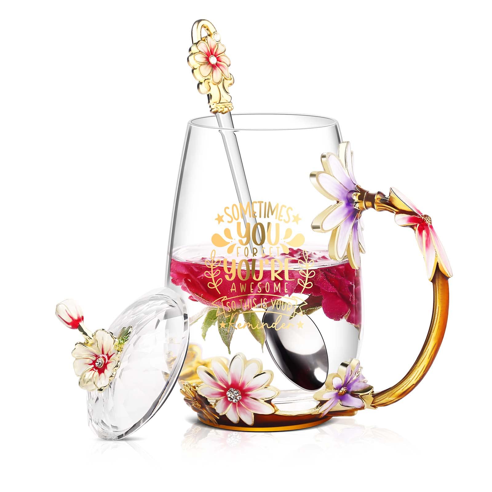 Luka Tech Enamel flower Lead-free Glass Coffee Mugs Tea Cup with Steel Spoon, Best Birthday Gifts For Women Wife Mom Friends Mothers Valentines Day Christmas (Purple-Tall)