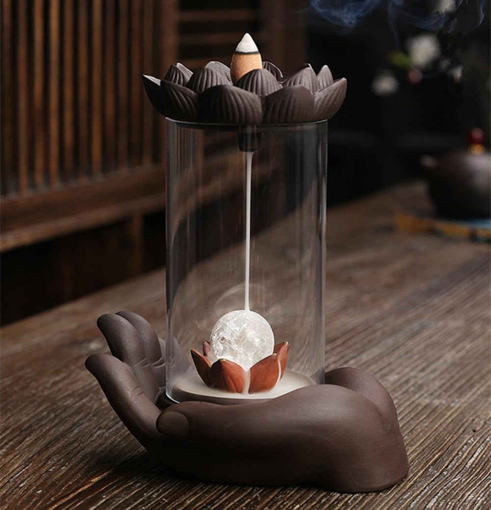 Purple Sand Smoke Waterfall Backflow Incense Burner Creative Windshield Buddha Hand Lotus LED Lamp Aroma Censer Holder for Home Yoga Room Decoration (LED)