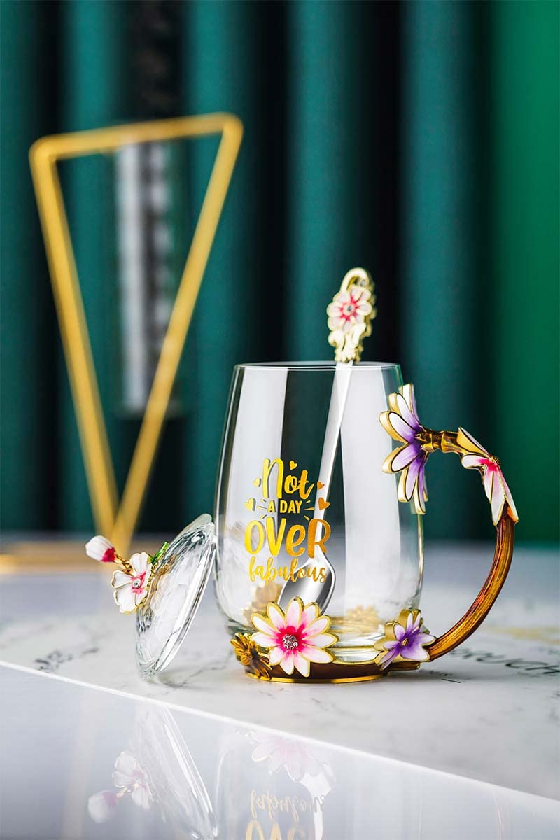 Luka Tech Enamel flower Lead-free Glass Coffee Mugs Tea Cup with Steel Spoon, Best Birthday Gifts For Women Wife Mom Friends Mothers Valentines Day Christmas (Purple-Tall)
