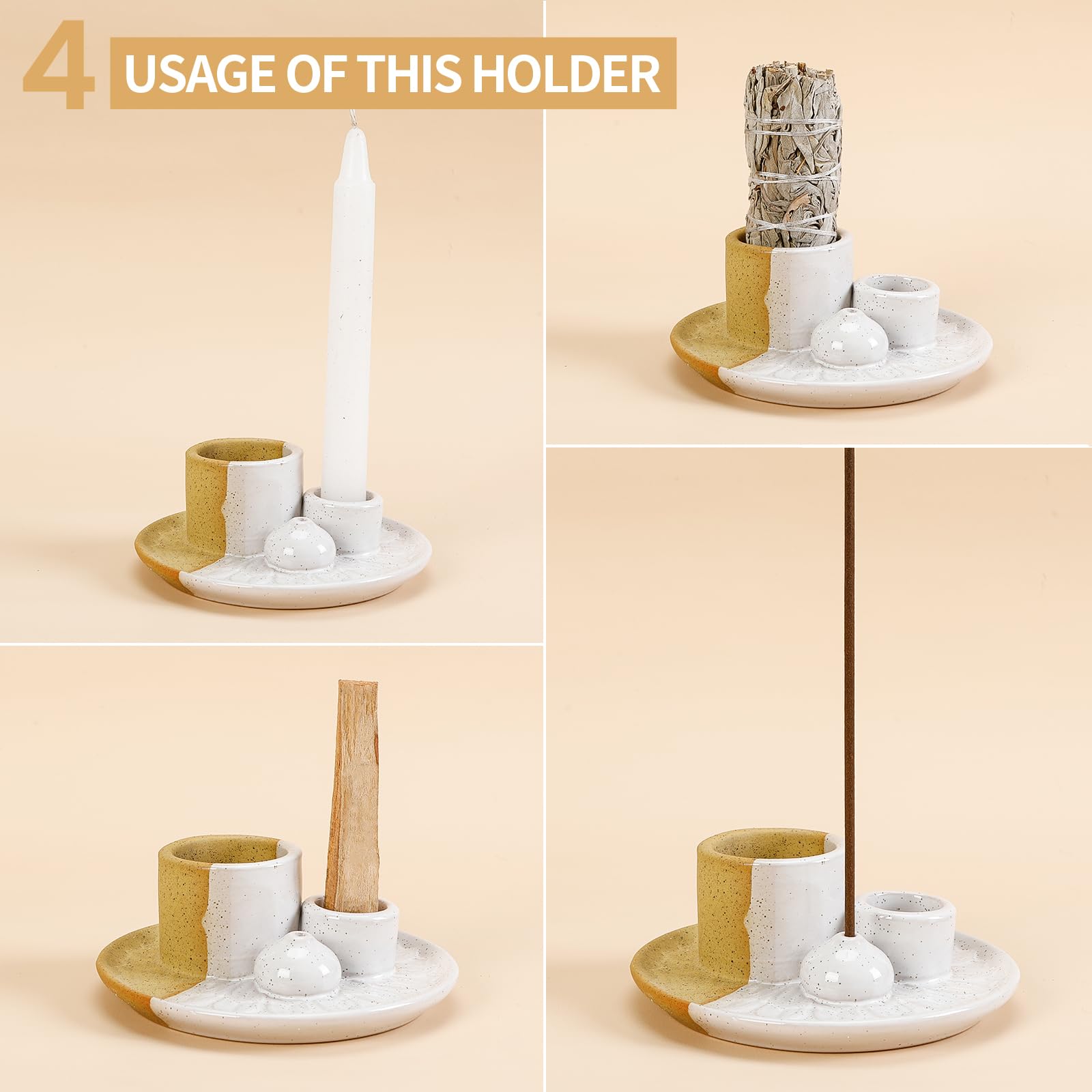 Handmade Ceramic Incense Burner for Palo Santo Incense Sticks, 4 in 1 Multi-Purpose Sage Holder for Burning, Ash Catcher Tray for Meditation Yoga Room (Golden)
