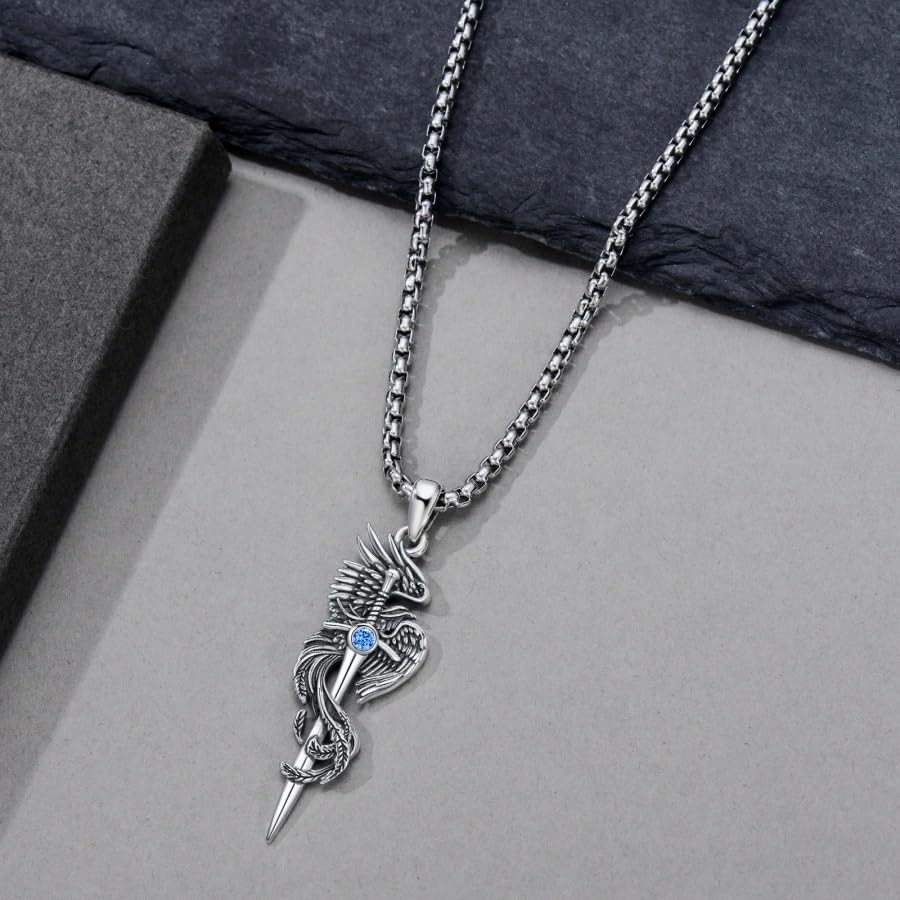 PELOVNY Phoenix Necklace 925 Sterling Silver Shield/Sword/Crystal/Tarot Card/Dog Tag/Cross/Abalone/Axe Pendant Rising Bird Jewelry for Anniversary Birthday Christmas Gifts Men Women