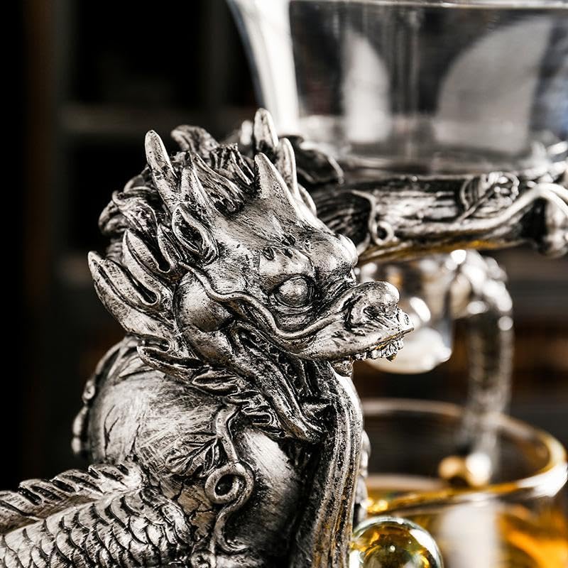 Glass Teapot Set with Infuser Semi Automatic Dragon Tea Set with 6 Small Cups (red golden dragon-b)