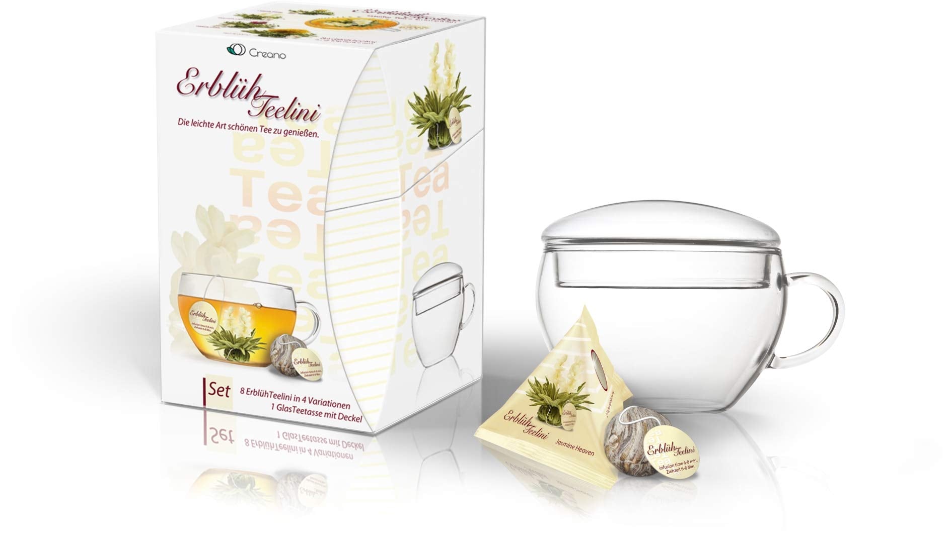 Creano Blooming Tea Gift Set with Glass Teapot 17oz (500ml) - Green Tea Fruity Flavoured Tea Flowers in 6 Varieties - Flowering Tea Gift for Easter
