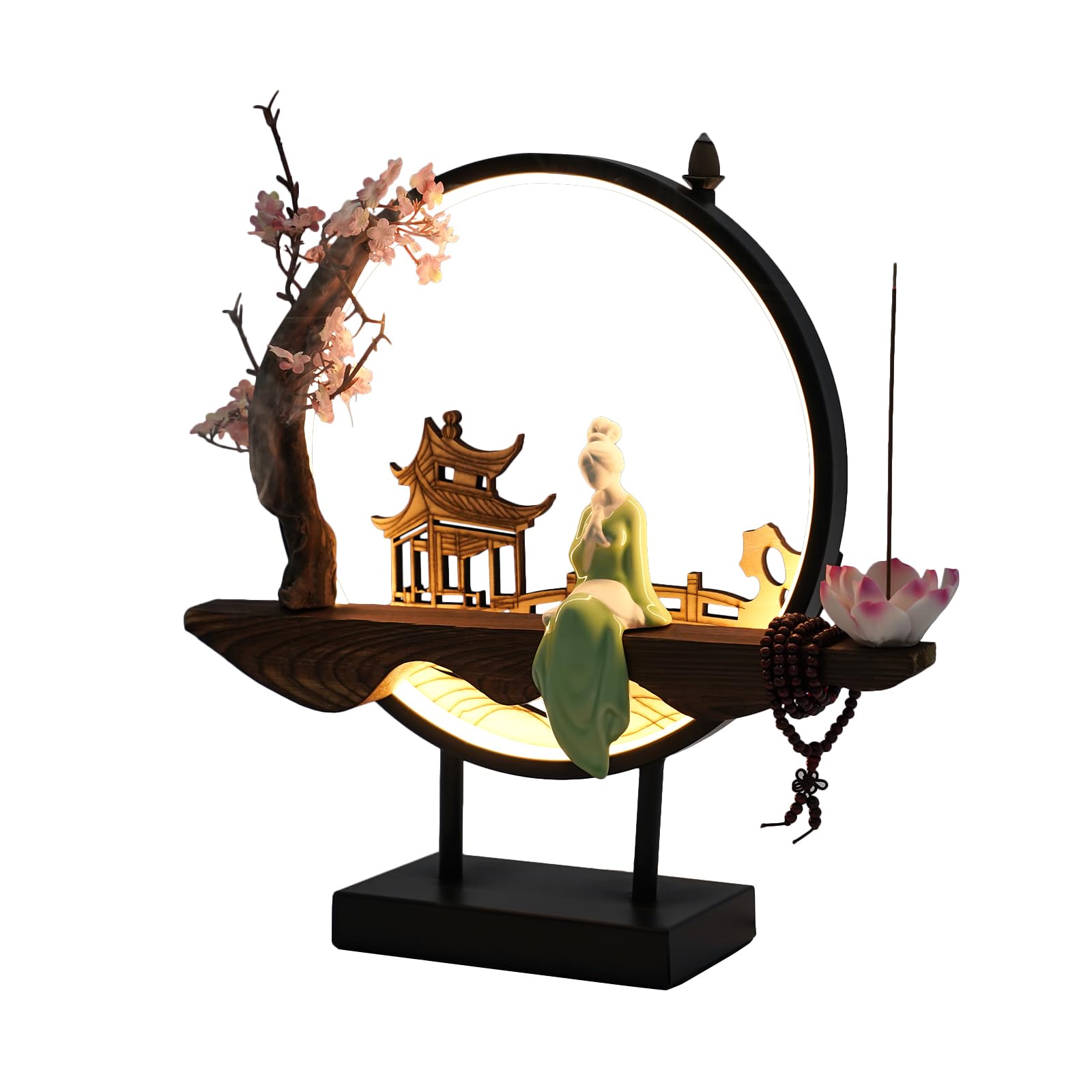 Backflow Incense Holder, Ceramic Incense Burner with Adjustable LED Light, Chinese Style Ornament Incense Holders with Backflow for Relaxing and Home Decor