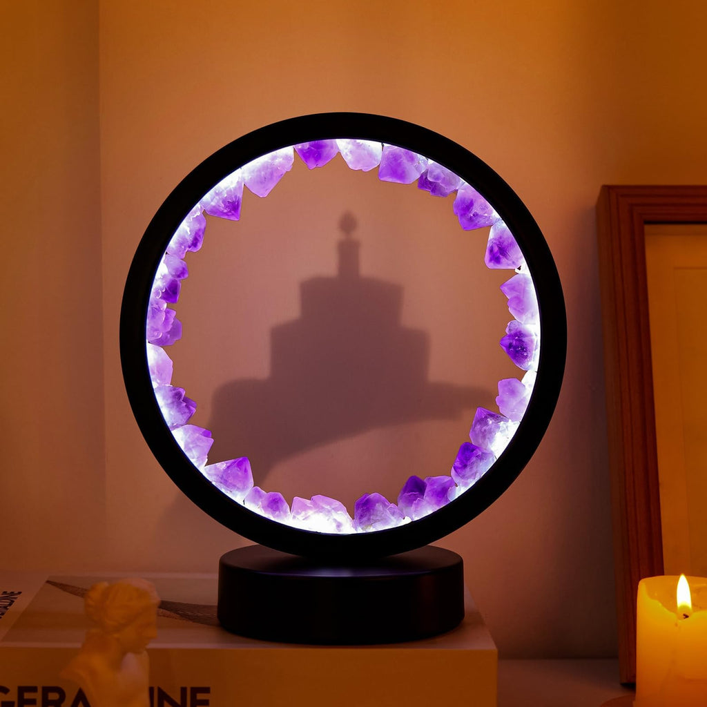Runyangshi Amethyst Night Lamp 8.6" Natural Healing Crystal Bedside Lamp USB Port 3 Colours Dimming Mode Bedroom Lamp Suitable Night Light for Living Room Bedroom Office Home Decor Ideal Gift