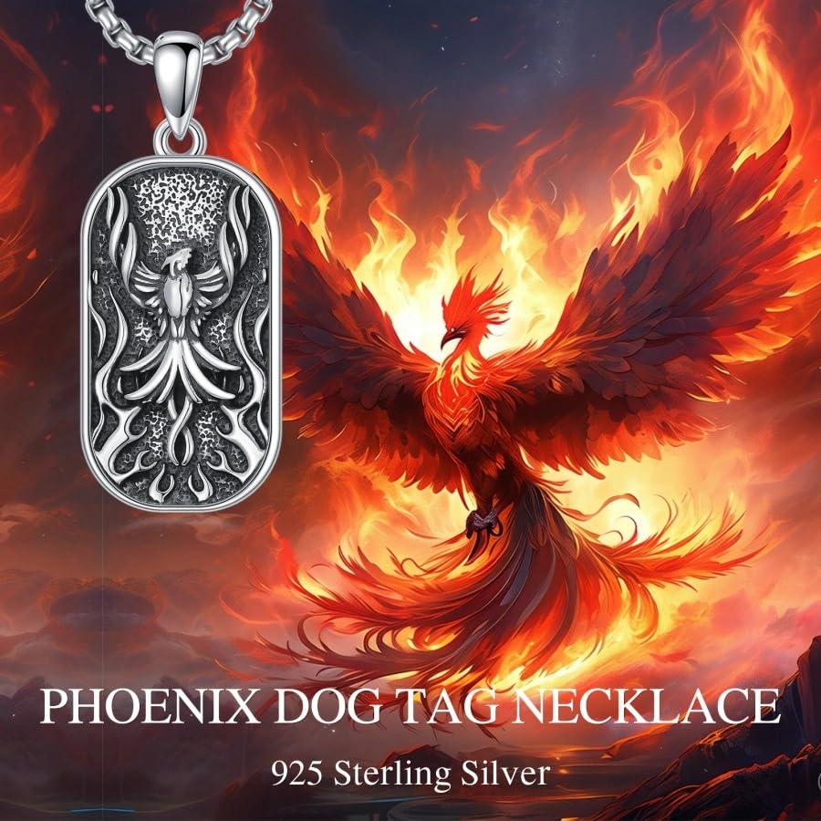 PELOVNY Phoenix Necklace 925 Sterling Silver Shield/Sword/Crystal/Tarot Card/Dog Tag/Cross/Abalone/Axe Pendant Rising Bird Jewelry for Anniversary Birthday Christmas Gifts Men Women