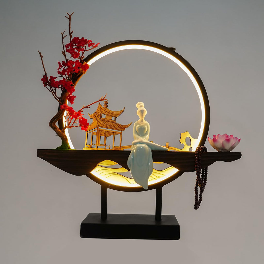 Backflow Incense Holder, Ceramic Incense Burner with Adjustable LED Light, Chinese Style Ornament Incense Holders with Backflow for Relaxing and Home Decor