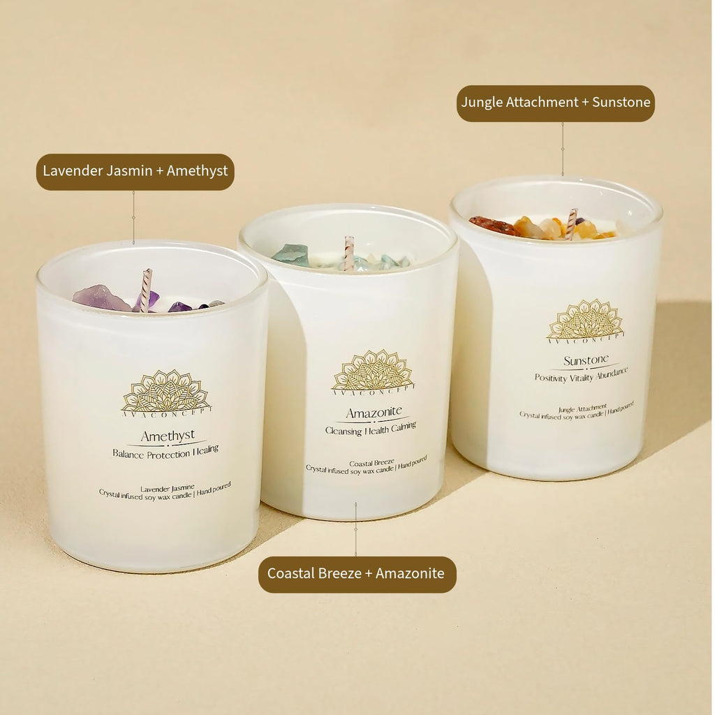 AVACONCEPT Crystal Infused Soy Wax Candle Gift Set Aromatherapy Scented Candles with Healing Crystals Natural Hand-Poured Luxury for Relaxation & Home Décor (Sunstone & Amethyst & Amazonite)