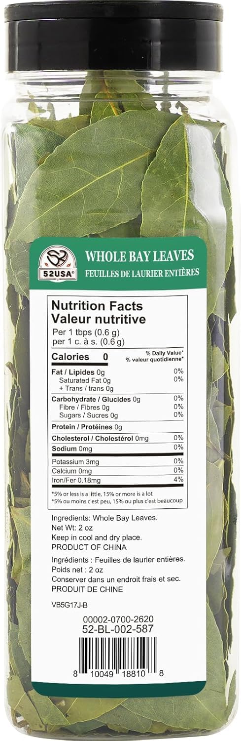 52USA Bay Leaves Whole, 2 oz, Dried Bay Leaves, All Natural, Gluten Free, Caffeine Free, No Sugar, Laurel Herbs for Cooking