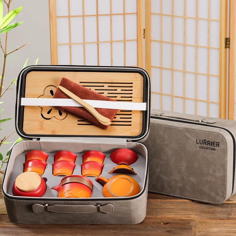 LURRIER Gongfu tea sets, Portable Ceramic TeaSet, Asian Tea sets for adult, Tea Gift sets, Grey leather case, Portable Travel Bag,Home,Gifting,Outdoor and Office(Black)
