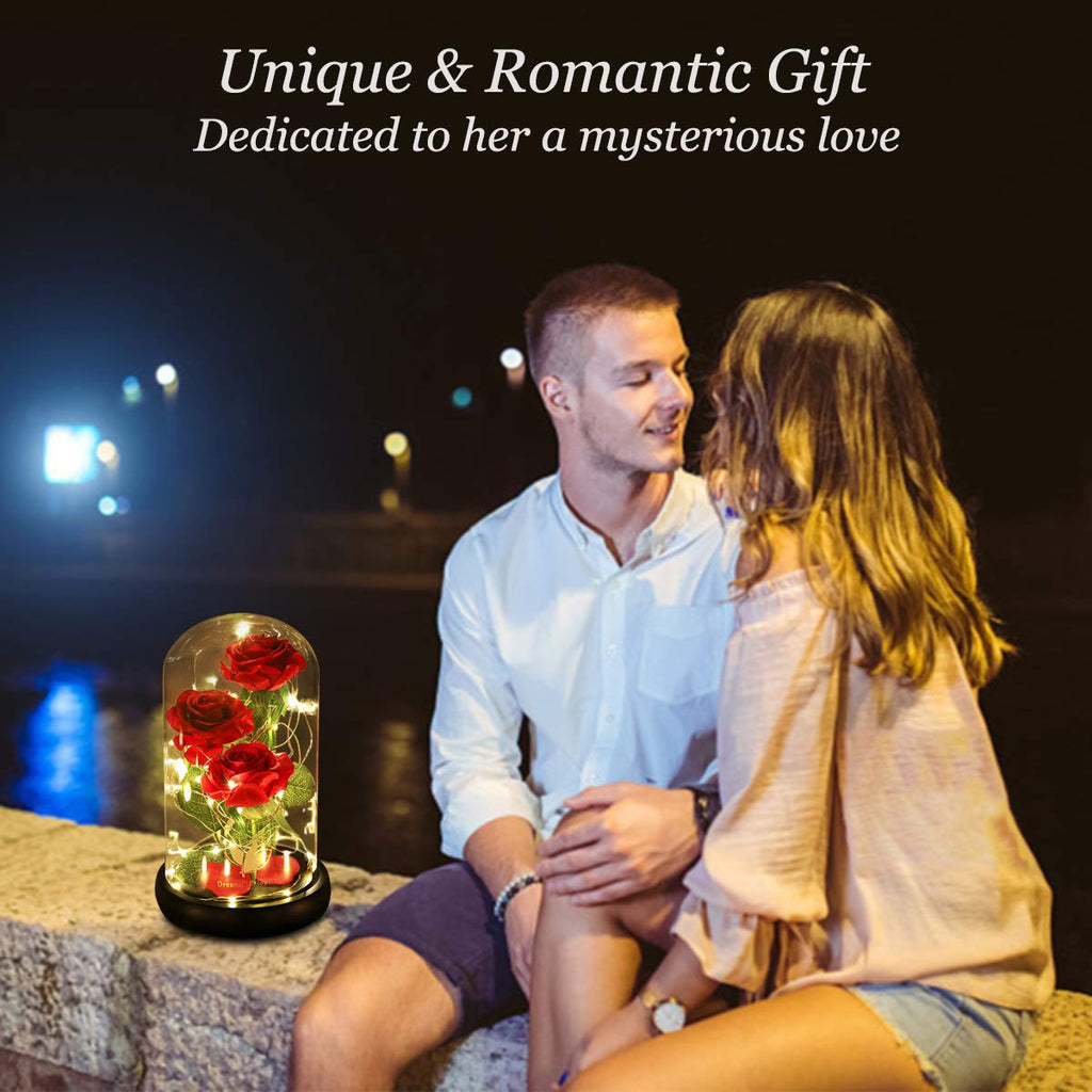 Valentine's Day Gifts for her, Eternal Rose in Glass Dome - Beauty and The Beast Inspired Keepsake, Gifts for Mom/Wife/Grandma, Preserved Roses with LED Light for Birthday/Anniversary